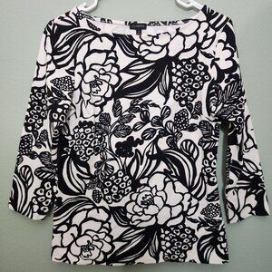 Talbots Black & White Floral Print 3/4 Sleeve Knit Top, Size S